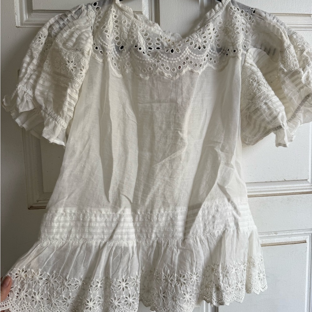 LoveShackFancy White Puff Sleeve Ruffled Blouse - Picture 2 of 3